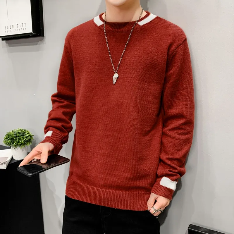 

Autumn Winter Men's Clothing Round Neck Solid Color Pullover Lantern Long Sleeve Sweater Knitted Casual England Style Tops