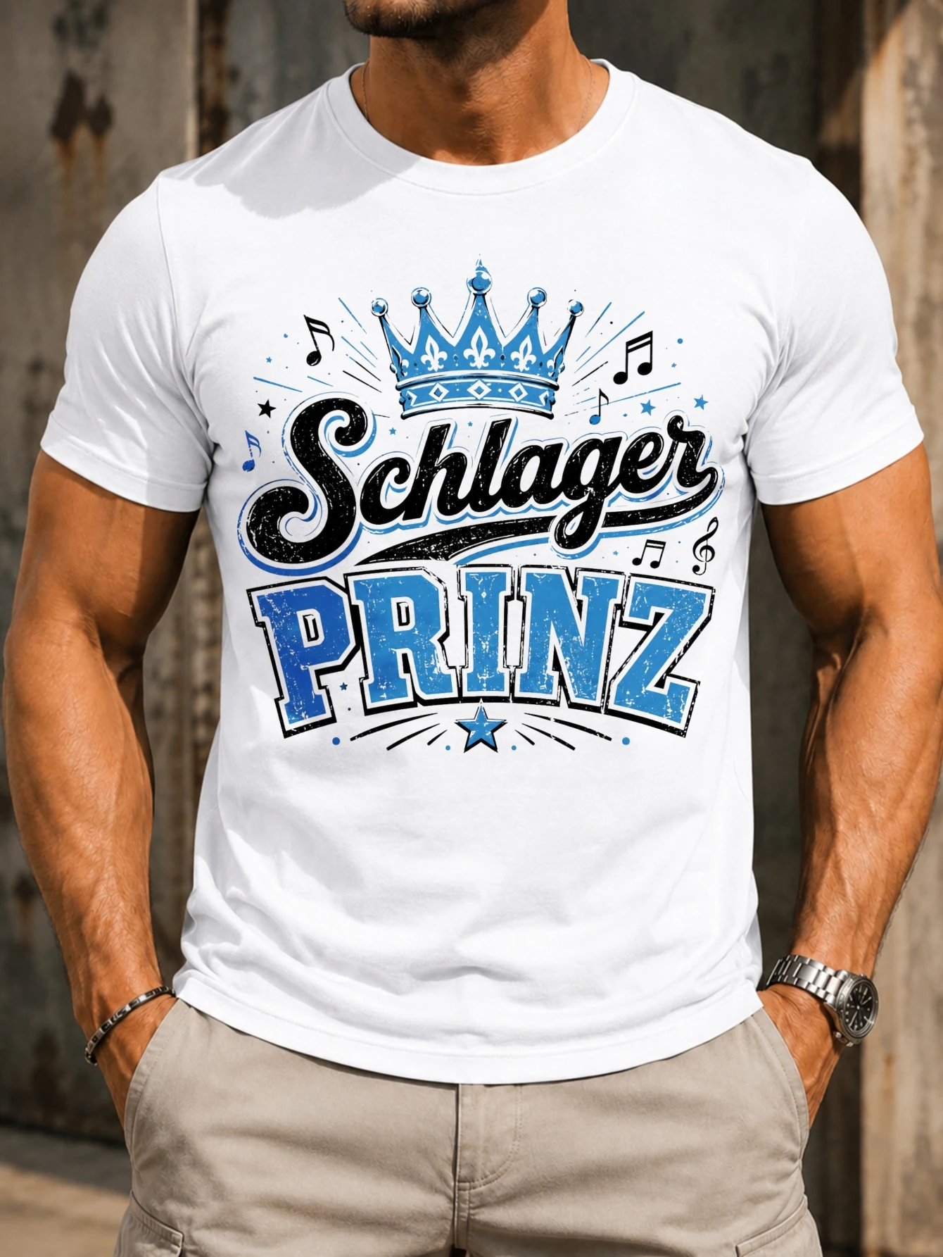 T-shirt unisexe style vintage Schlager Prinz avec couronne ornée, grand bloc de texte Prinz et accents musicaux étoilés