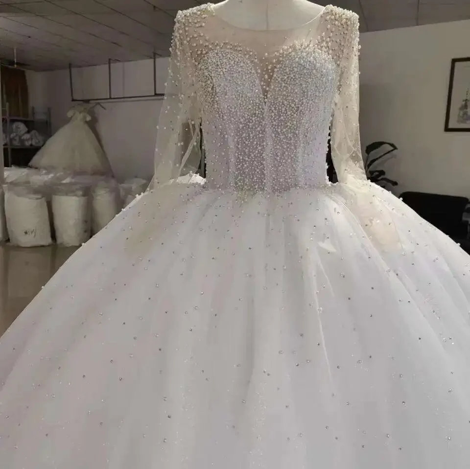 Vestido De novia personalizado, maravilloso, con cuello redondo, perlas brillantes, ilusión De matrimonio, vestido De novia De manga larga