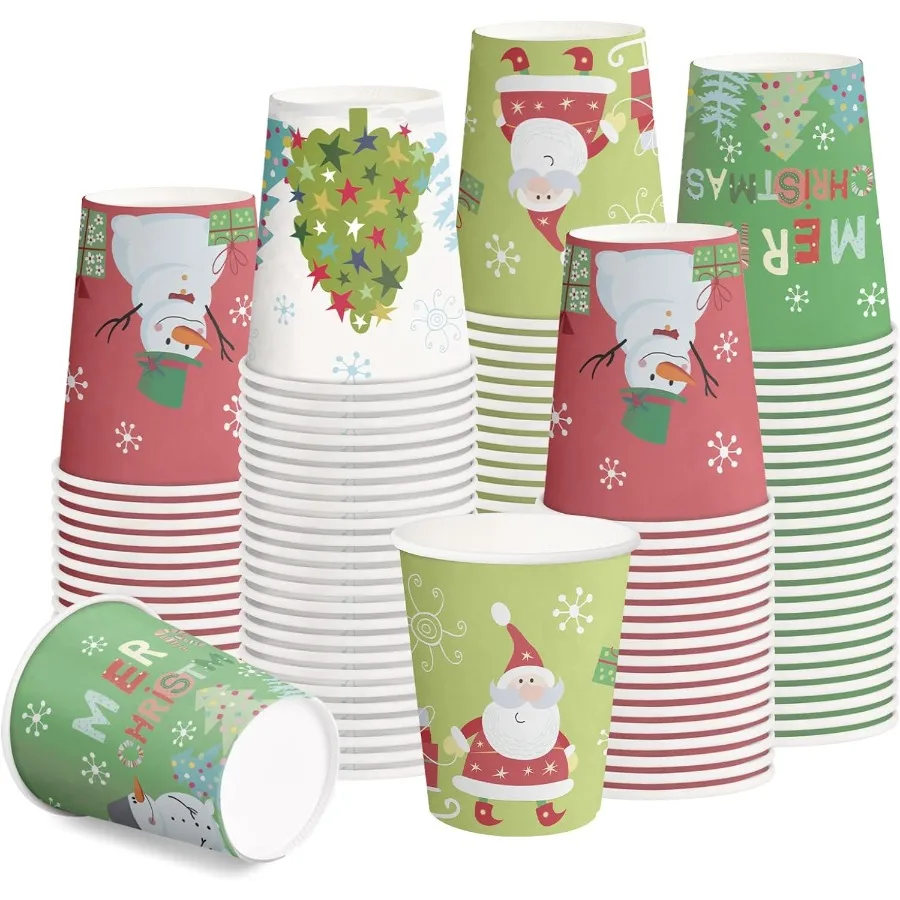 Disposable Paper Cups 9oz 100 Pack Set with Cartoon Santa Claus and Snowman Design Thickened Paper Material for Hot and Cold Be