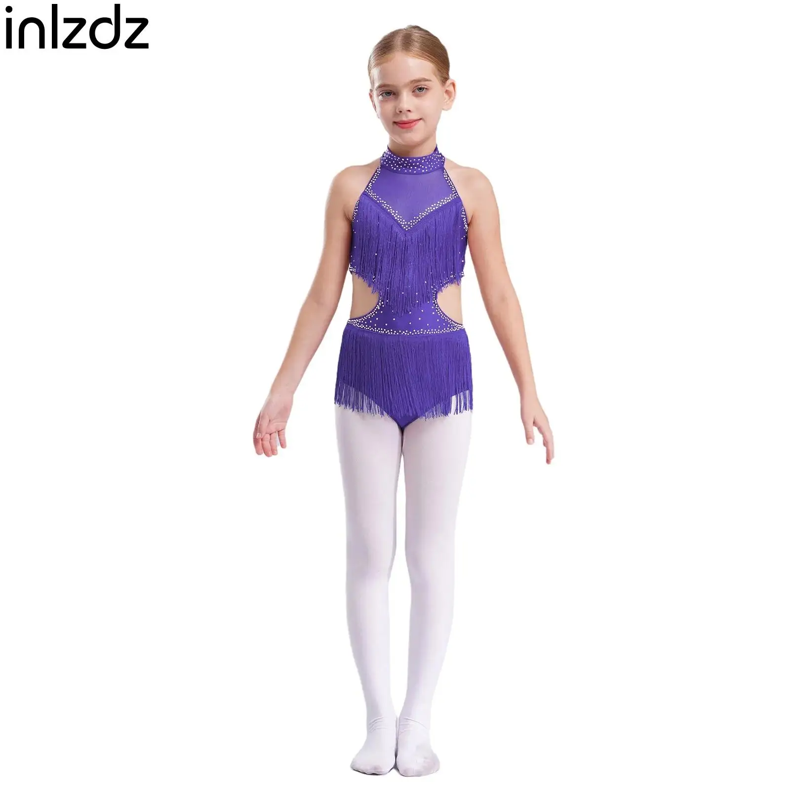 

Kids Girl Tassels Latin Dance Costume Sleeveless Cutout Backless Rhinestones Fringed Leotard Cha-Cha Tango Samba Stage Dancewear