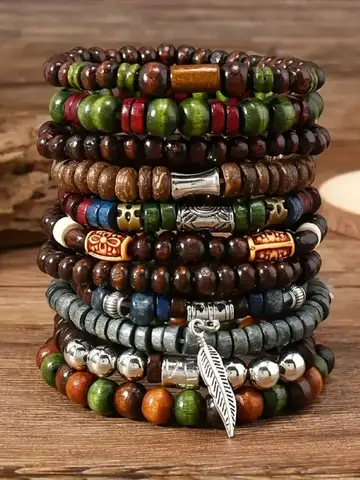 10pcs Vintage Bohemia Men's Bracelets - Fashion Stylish Leaves Wristwear Accessory for Durable Fashion Jewelry Gifts