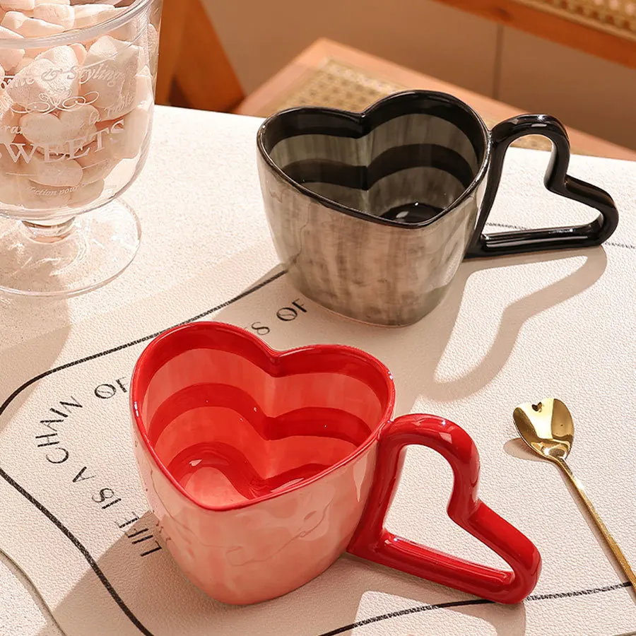 

Ceramic Coffee Mug, Hand Painted Striped Heart, Underglaze Heart Handle, Handcrafted Heart Shaped Breakfast Cup for Home & Gift