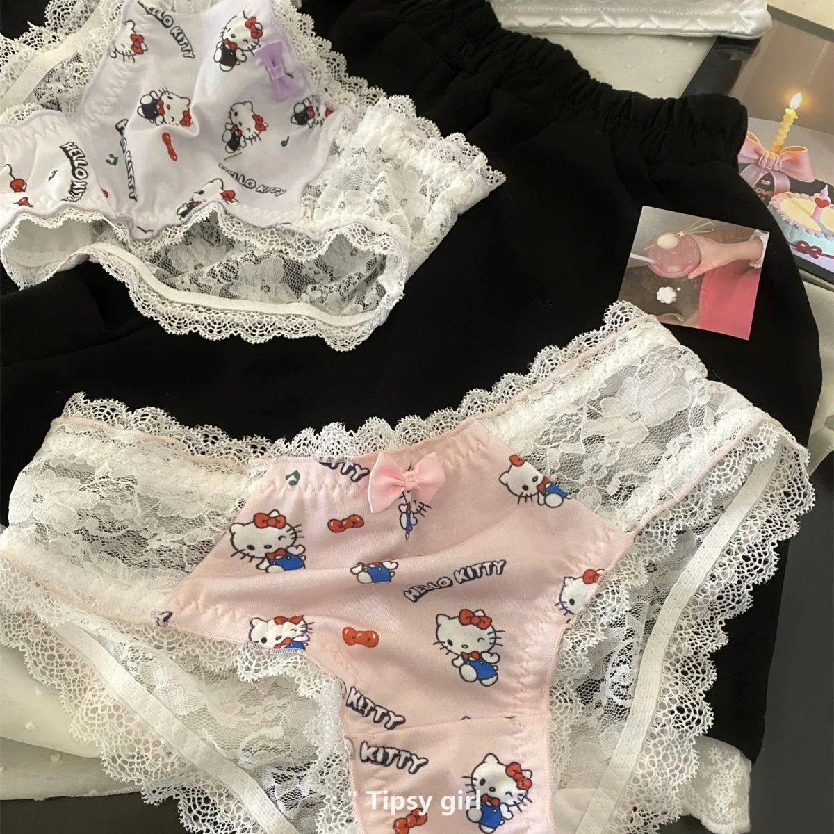 

Hello Kitty Kawaii Lace Women Panties Low Waist Cotton Crotch Breathable Briefs