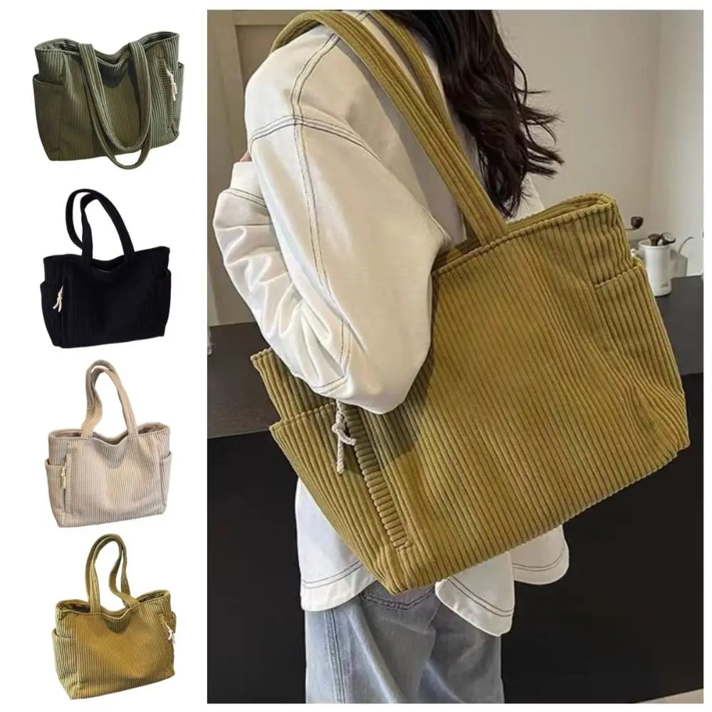 

Corduroy Women's Shopper Tote Bag Zip Closure Multiple Pockets Shopping Handbags Large Capacity Solid Color Lunch Bags Going Out