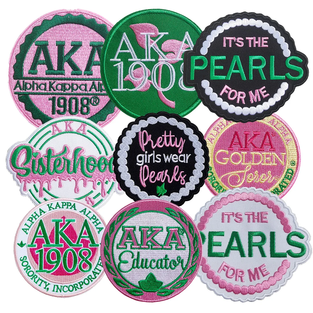 Набор вышитых нашивок AKA Sorority 10 см — 9 шт. с жемчужным мотивом, с 1908 розовых, зеленых, черных, гладильных нашивок Набор вышитых нашивок AKA Sorority 10 см — 9 шт. с жемчужным мотивом, с 1908 розовых, зеленых, черных, гладильных нашивок