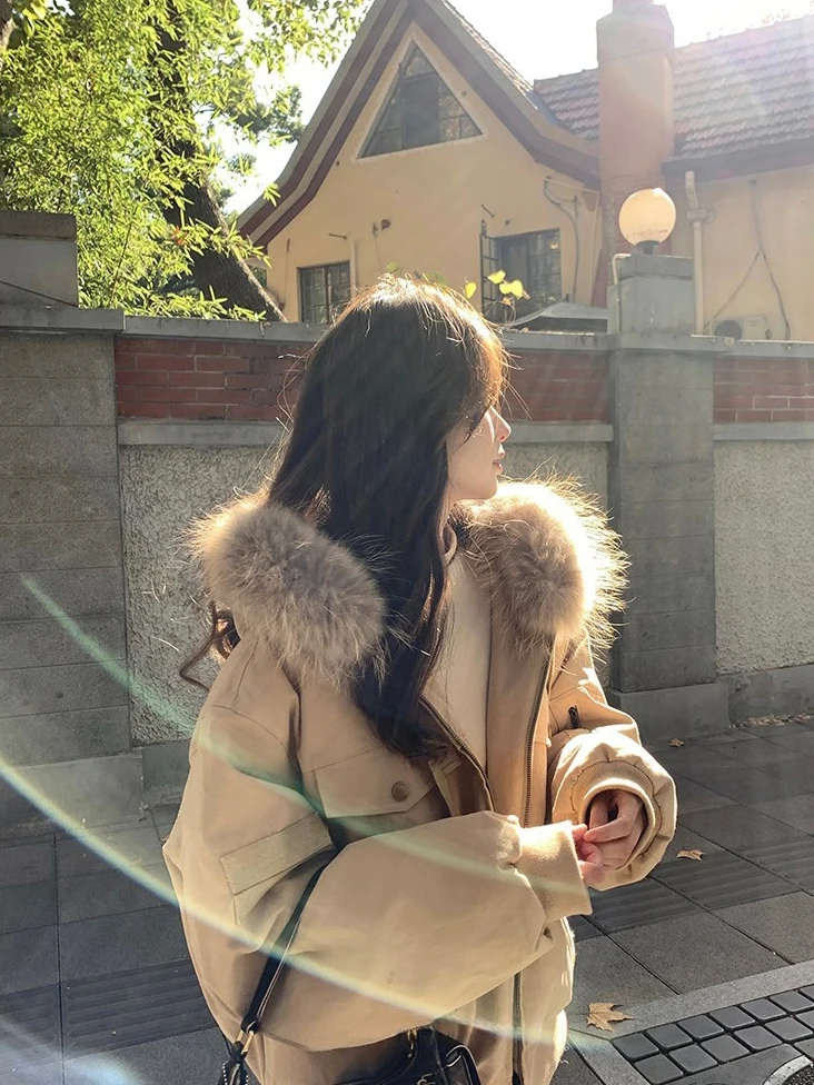 

Американская ретро-парка белого цвета с пуховым наполнителем, женская, высококачественная, свободного кроя, укороченная, зимняя, с меховым воротником