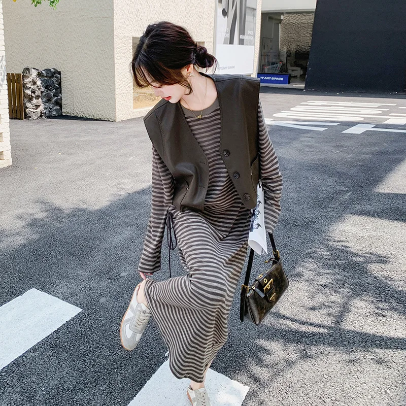 Fashion Vest Striped Long Sleeve Dress TwoPiece Slimming Suit
