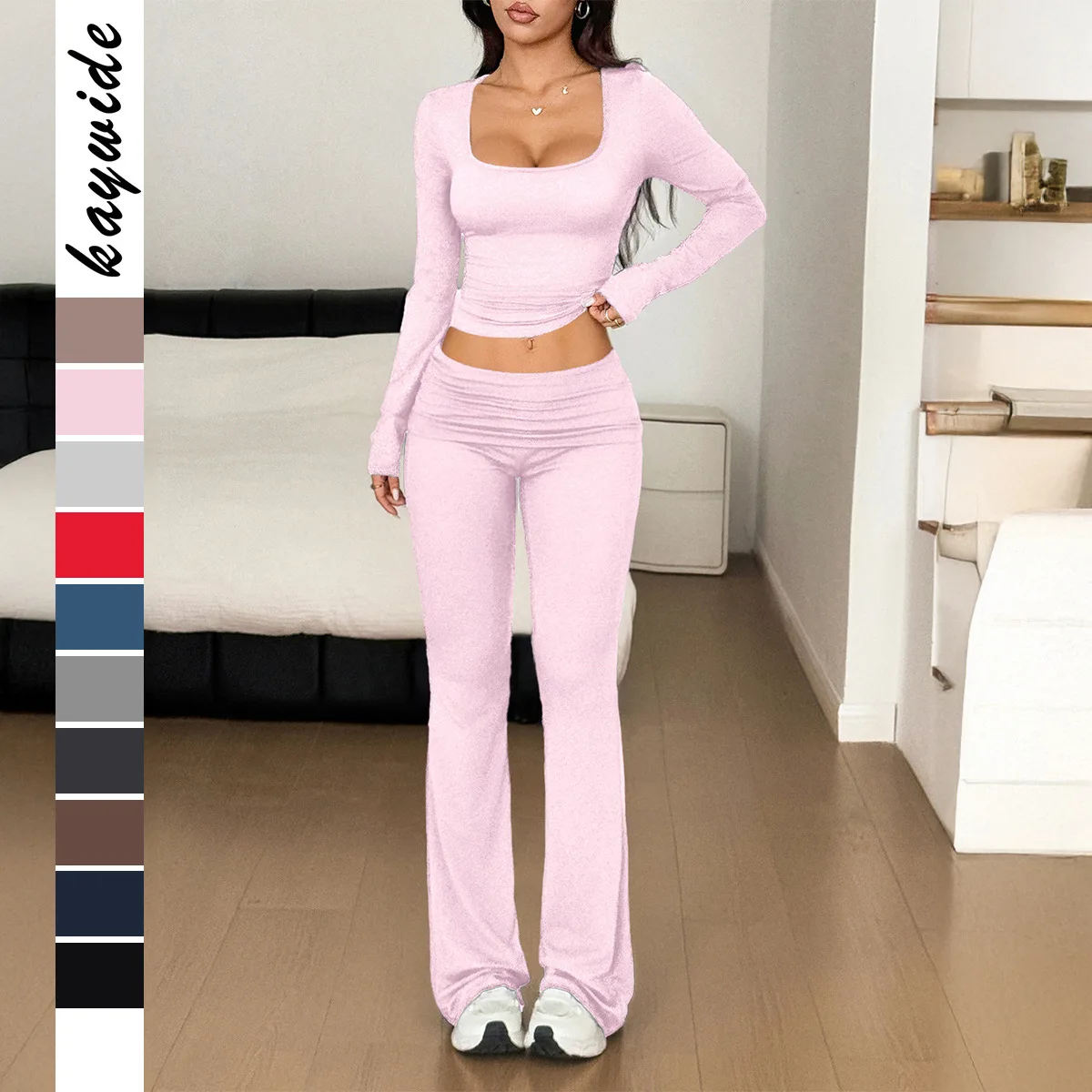 

Casual Workout Two Piece Outfits for Women Long Sleeve Crop High Waist Foldover Flare Pants Tracksuit Sets Streetwear