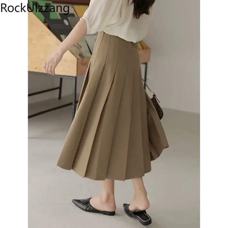 Khaki Black Midi Long Skirt High Waist Pleated Skirts,korean clothing women ladies temperament graceful chic elegant vintage y2k