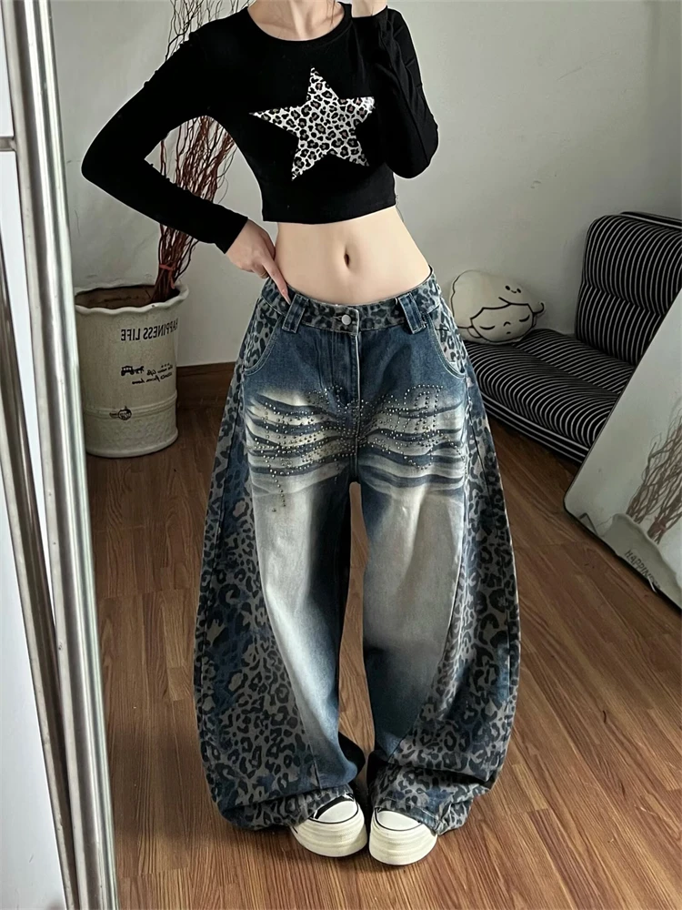 Women's Splicing Leopard Baggy Jeans Hip-hop Girl Sweatpants Casual Pants Street Wide Leg Bottoms Female High Waist Trousers