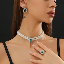 Lacteo Elegant Drop Shape Rhinestone Charm Necklace for Women Imitation Pearl Cuff Rings Earrings Vintage Jewelry Sets Ladies