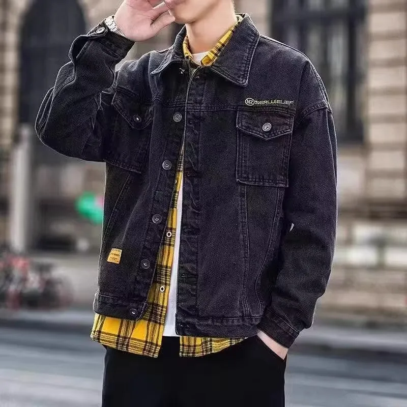 

Retro Hong Kong Style Loose Fit Men's Denim Jacket Autumn Winter Trendy Workwear Jacket Turn-down Collar Large Size Coat