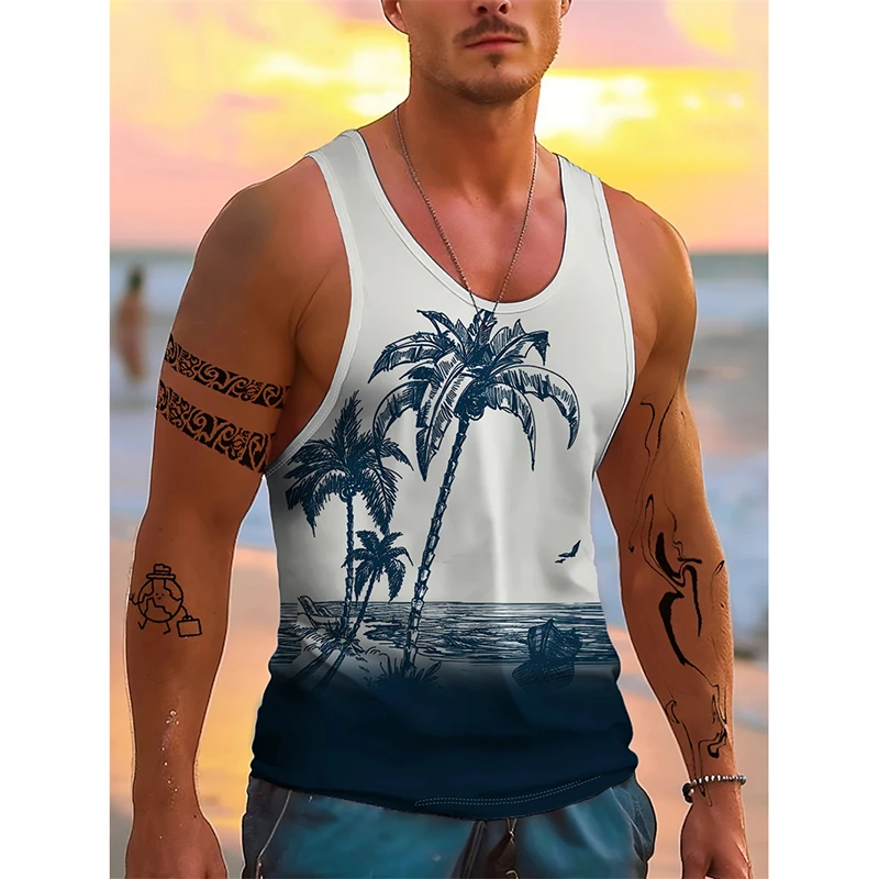 

Summer Fashion Coconut Tree Graphic Vest Trendy Streetwear Holiday Vacation 3D Printed Tank Tops Casual Oversized Mens Clothing