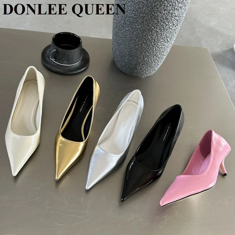 Women Pumps Pointed Toe Dress Shoes Thin Med Heels Elegant Office Party Pumps Fashion Gold Sliver White Shoes For Wedding Mujer