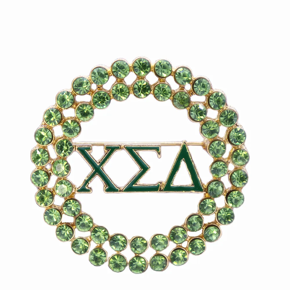 Broches de letras griegas de Sorority de diamante verde ostentoso Chi Sigma Delta, Pin de miembro personalizado