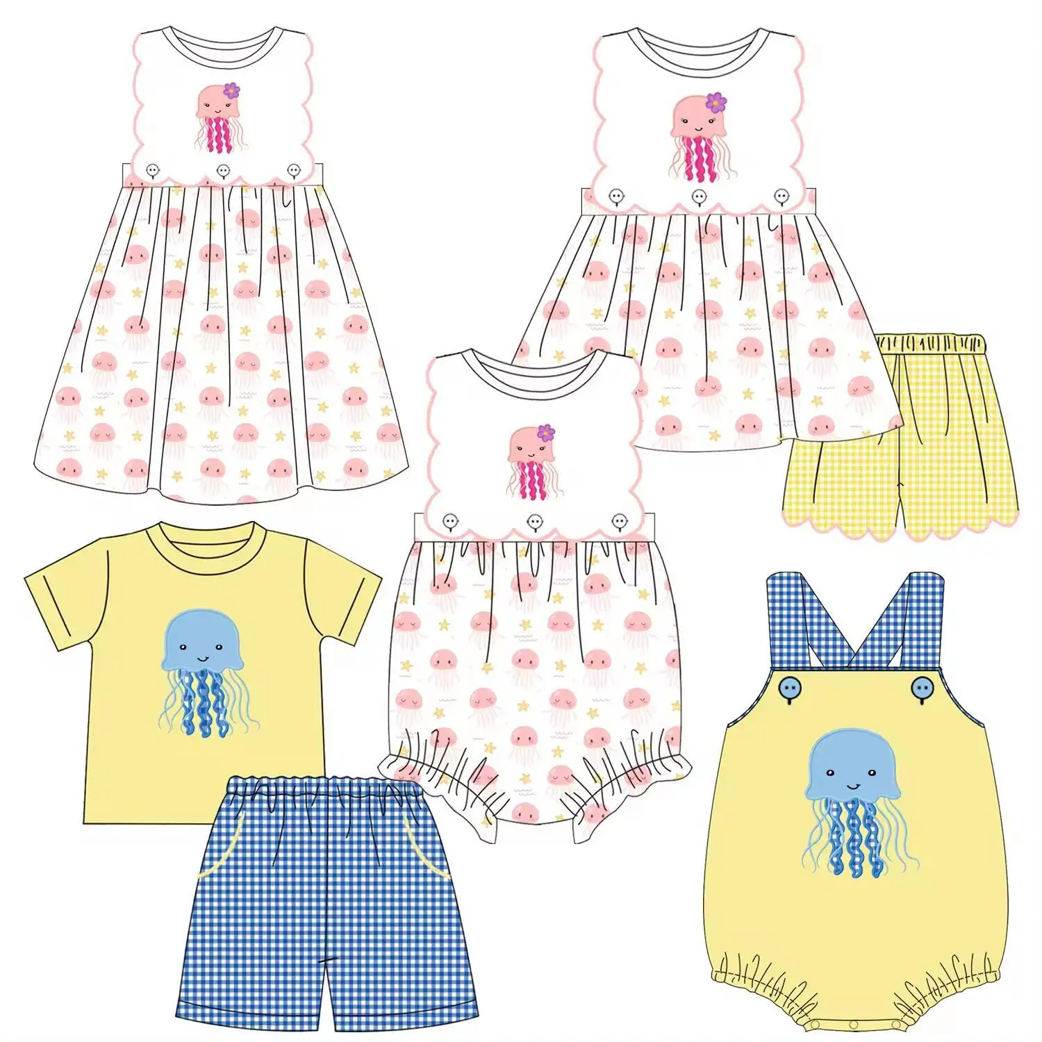 Children's summer matching suit jellyfish print boy suit yellow top blue plaid pants girl jumpsuit pink cute summer milk silk