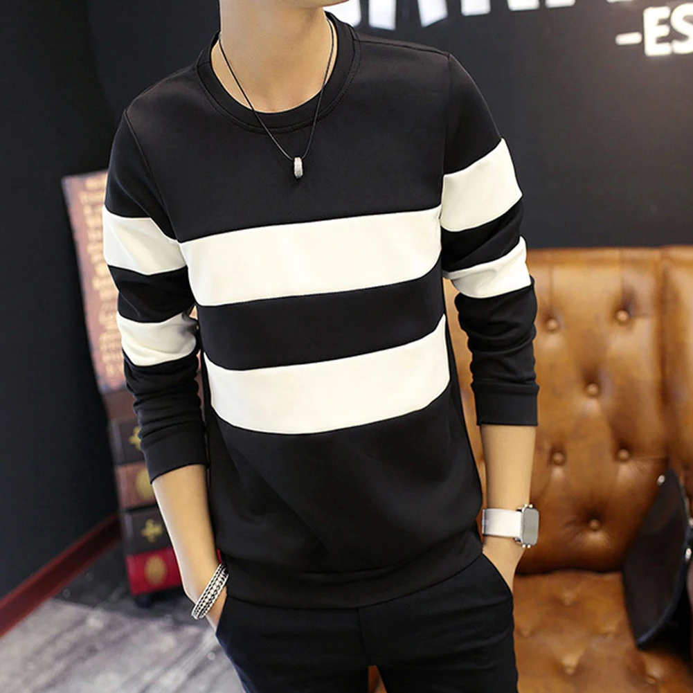 Men Fleece Lined Printed Striped Long-Sleeve Pullover Sportswear for Office Casual