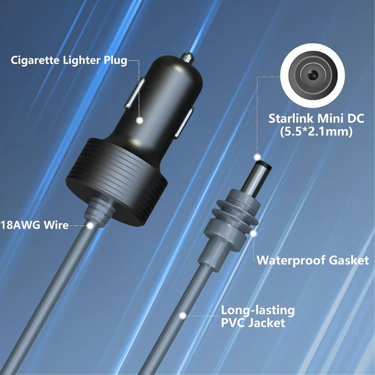 كابل Starlink Mini 5M/16.4FT، كابل طاقة محول السيارة 12 فولت، ولاعة سجائر مقاومة للماء 18AWG إلى سلك تيار مستمر، شاحن سيارة 12 فولت-24 فولت f