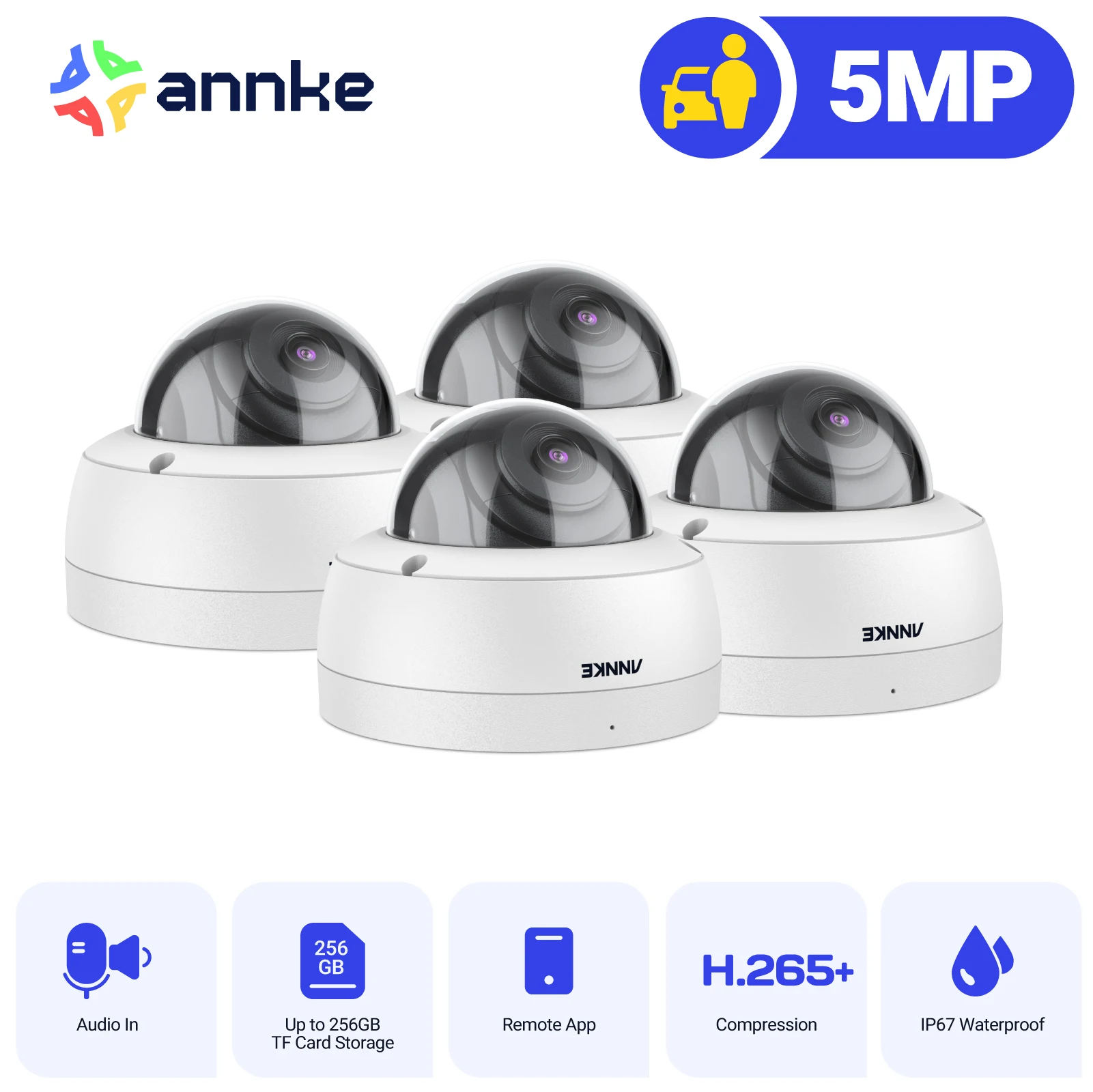 ANNKE 4PCS C500 Dome 5MP Outdoor IK10 Vandal-Proof POE Security Cameras With Audio in POE Surveillance Cameras TF Card Support