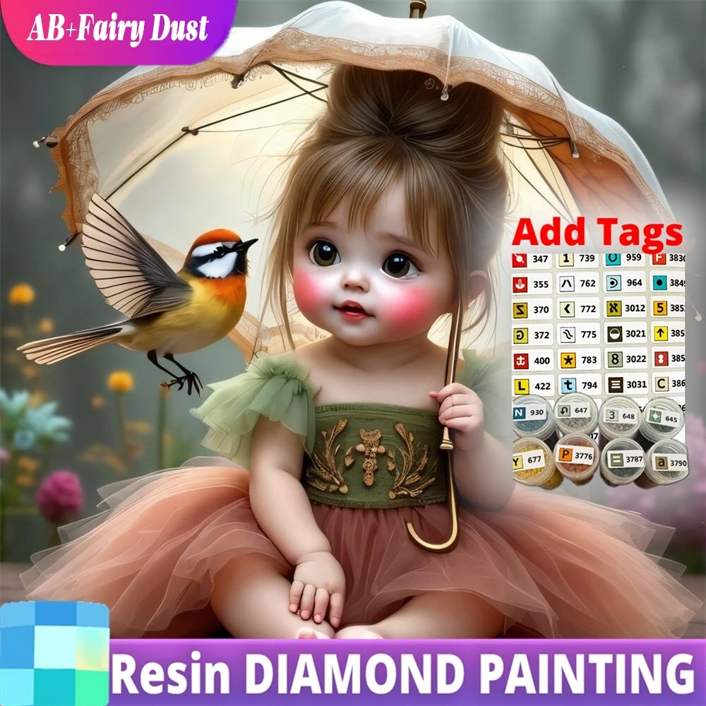

Resin AB Fairy Dust Full Square Round Diamond Painting Girl Portrait Mosaic Cartoon Picture Rhinestones Embroidery Bird Child Gi