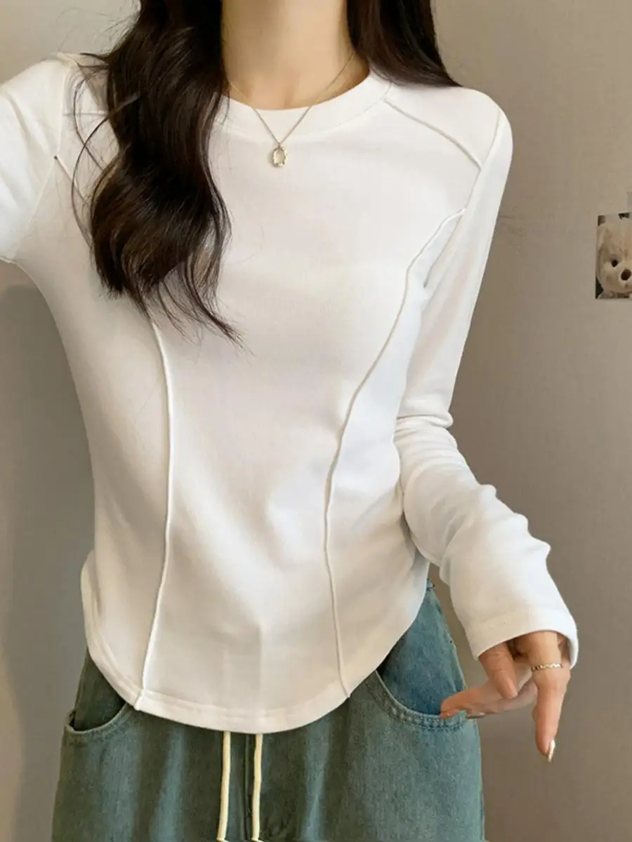 Women's Long Sleeve Velvet Base Shirt Short Style Inner Wear T-Shirt Fashionable Slim Fit Brushed round Neck Commute Style