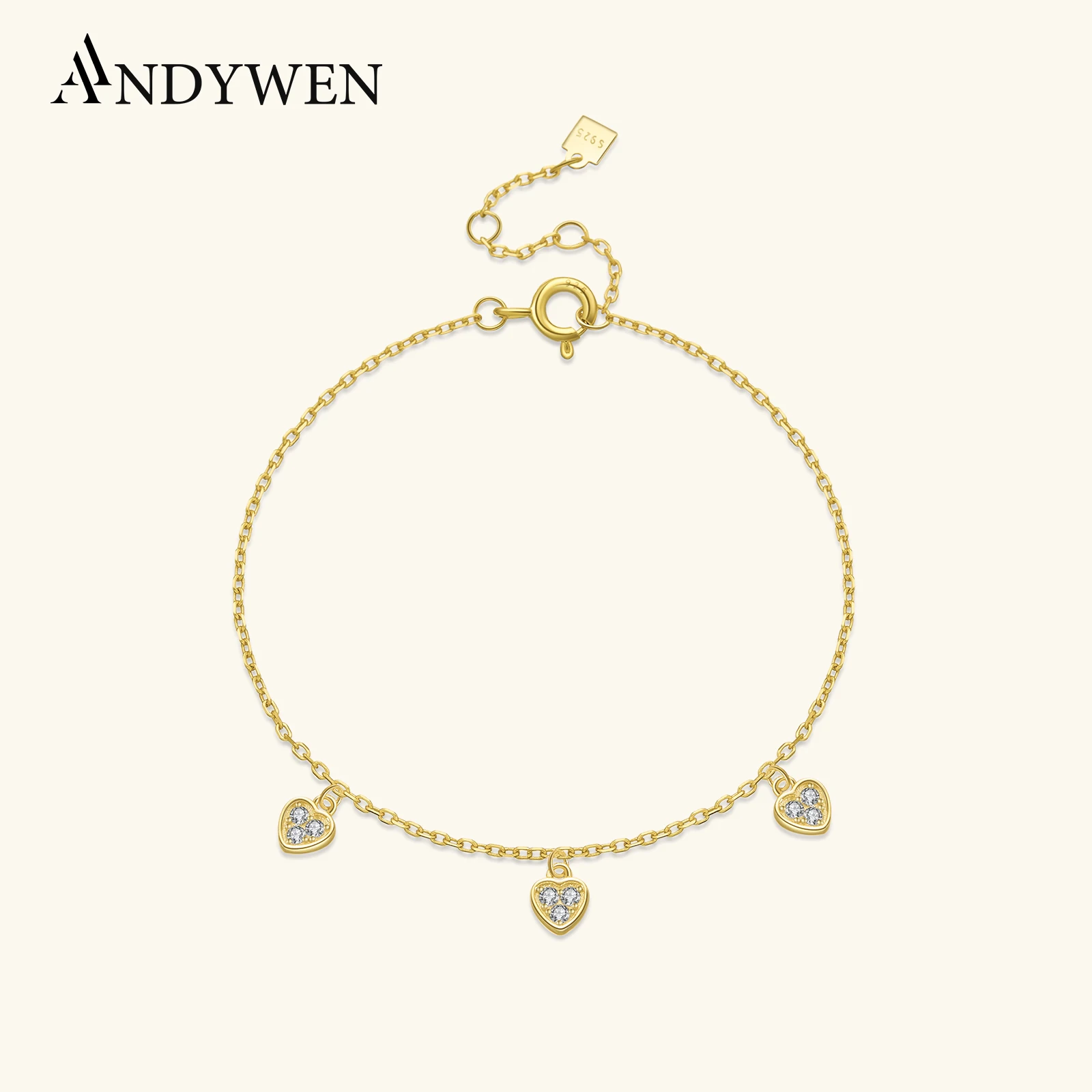 

ANDYWEN женский браслет из стерлингового серебра 925 пробы с тремя сердечками, браслет с цирконом CZ, модный роскошный браслет 2025, изысканные юбилейные свадебные украшения