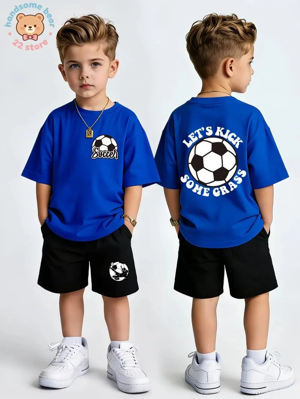 Sommer-Bekleidungsset für Kinder Fußball-Print T-Shirt Shorts 2-teiliges Outfit Kinder Sport Freizeitanzug Baumwolle Teenager-Jungen Kleidung – Detail 8
