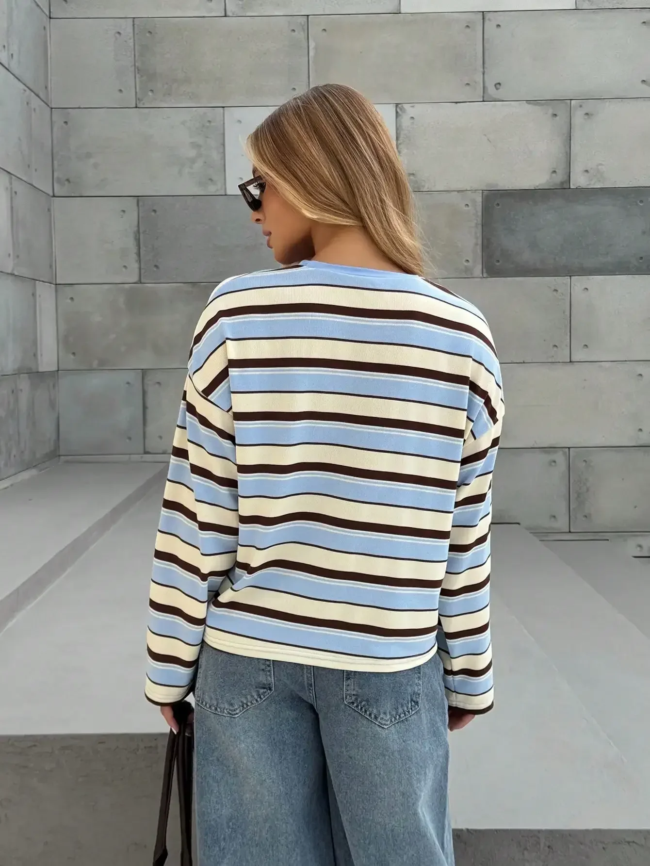 2026 Women Striped Long Sleeve T-Shirt, Fall Winter Loose Crew Neck Top, Soft Faux Cotton Oversized Casual Daily Blouse