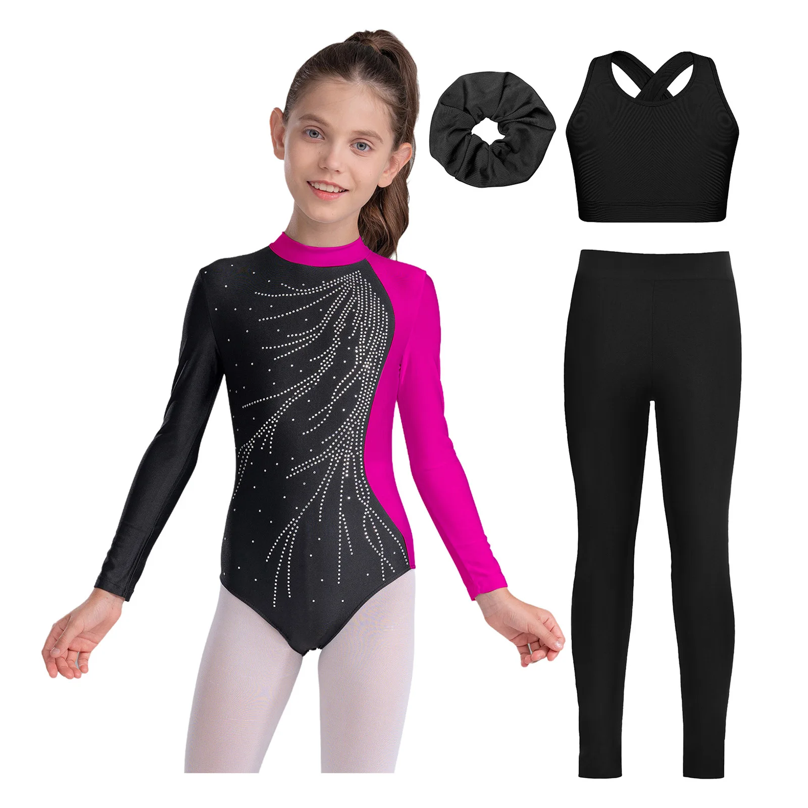 

Детский костюм для гимнастики, фигурного катания и танцев для девочек: леотард с длинными рукавами, топ с перекрестной спинкой и леггинсы, повязка для волос