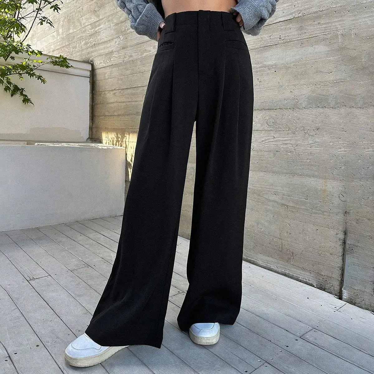 Black pants for women, loose fit, high waisted, wide leg pants, small height, high-end, slim, straight cut suit pants