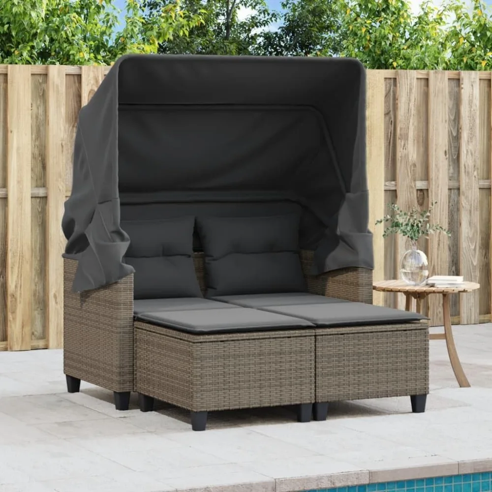 Patio Sofa 2-Seater with Canopy and Stools Gray Poly Rattan, Comfortable Outdoor Sofa with Retractable Canopy and Footstools