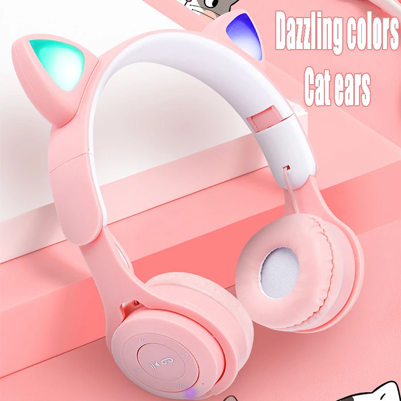 New Cat's ears (Steamed cat-ear shaped bread) Light emitting Headworn Bluetooth Headset WirelesswithFMPluginCardColorfulLEDLight