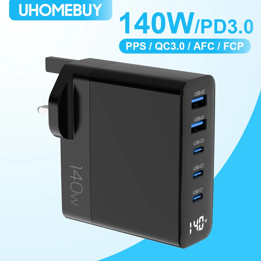 UHOMEBUY 140W USB C Wall Charger with LED Display, 5-Port GaN USB Fast Charger for MacBook Pro/Air iPad iPhone 15 Laptops Pixel