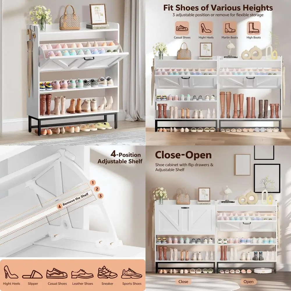 

White Wooden Shoe Storage Cabinet with Adjustable Shelves for Entryway and Hallway