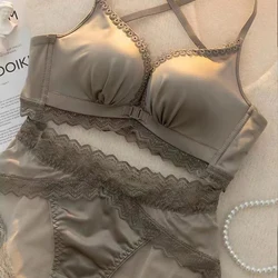 Women's Lingerie Set Silk Ruffles Lace Sexy Bras French Underwear Front Closure Plunge push up Underwear Women lenceria Set