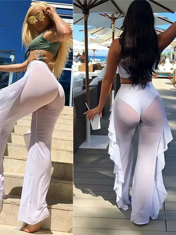 Vaion Me السراويل تكدرت اللون لون نقي عطلة صافي الشاش السراويل عالية الخصر متوهج الساقين مستقيم قطع لباس غير رسمي