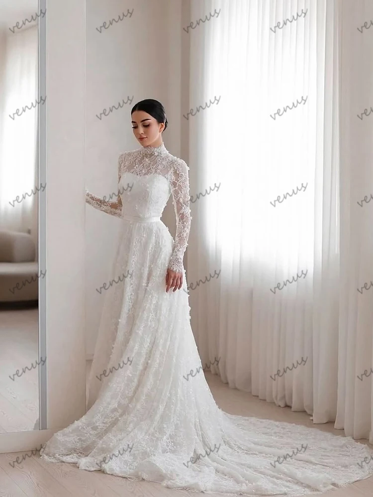Splendidi abiti da sposa A Line Abiti da sposa Abiti a strati in pizzo per feste formali Maniche lunghe Abiti da sposa Personalizzati 2025