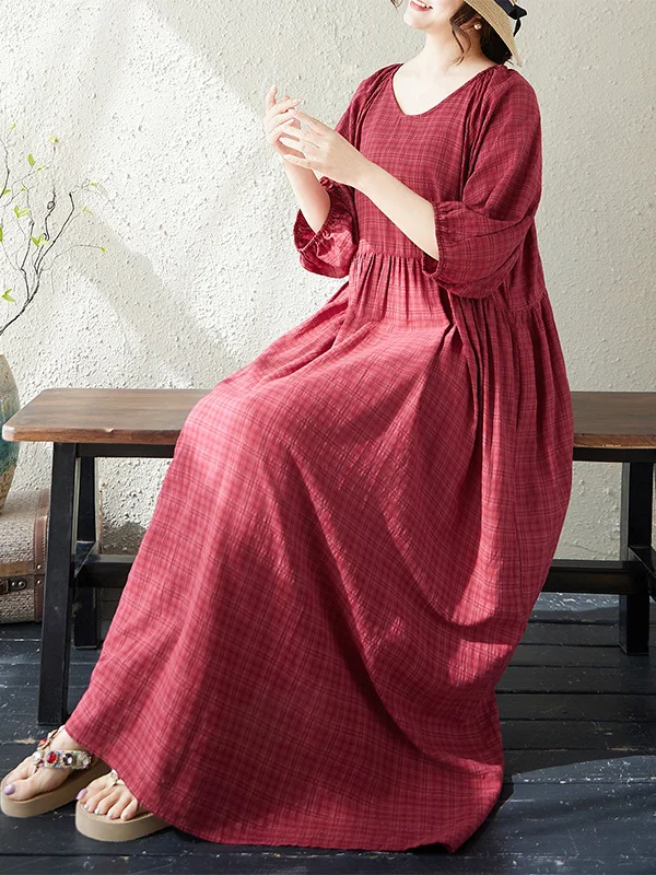 

Summer Loose Lantern Sleeve round Neck Dress Women's Skin-friendly Large Size Artistic Style Wine Red Patterned Dress