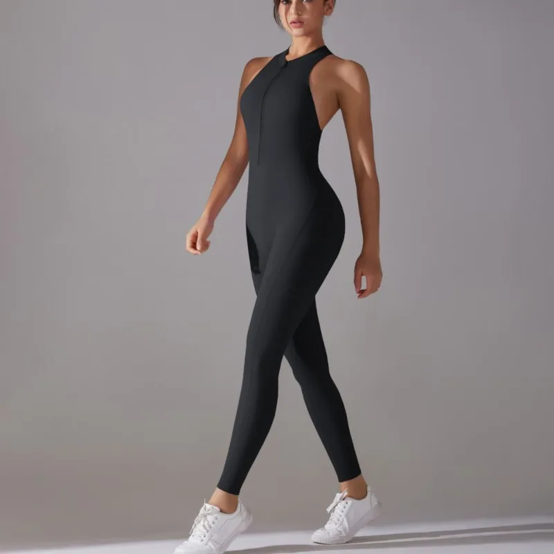 

Backless Zipper Workout Jumpsuit Sports Overalls Gym Clothing Running Fitness Suit Gym Tracksuit Short Sportswear Women Yoga Set