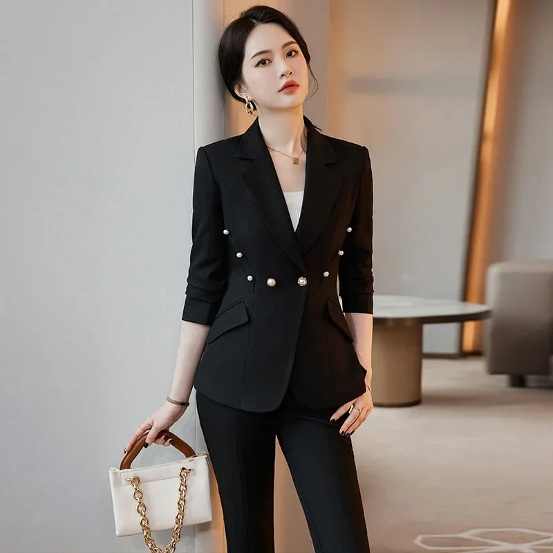 Pop escritório senhora formal blazer calças ternos 2 peça conjunto de correspondência conjuntos para mujeres plus size jaqueta dividir alargamento calças conjuntos ne