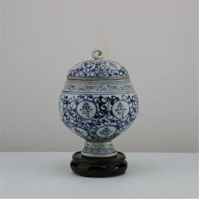 Chinese Ming Blue and White Porcelain Lotus Shou Pattern Pot Tea Caddy 5.91 inch