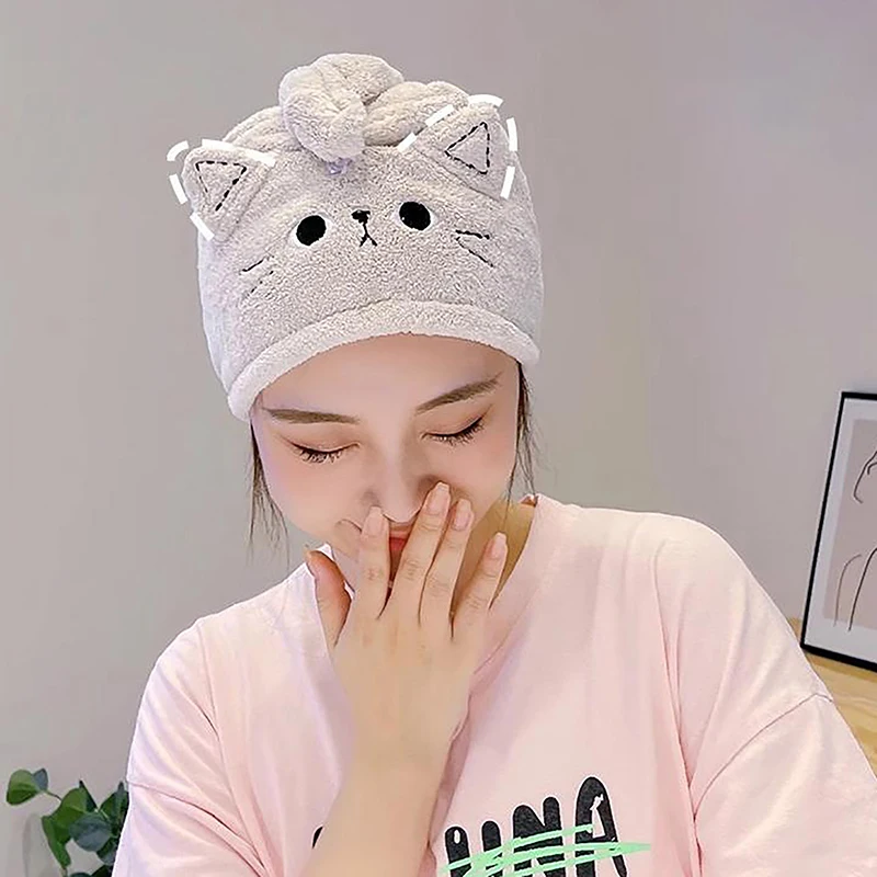 Serviette de bain absorbante à séchage rapide pour femmes, chapeau de cheveux de chat, serviette de cheveux longue, bain, rond, essuyage, endroits,