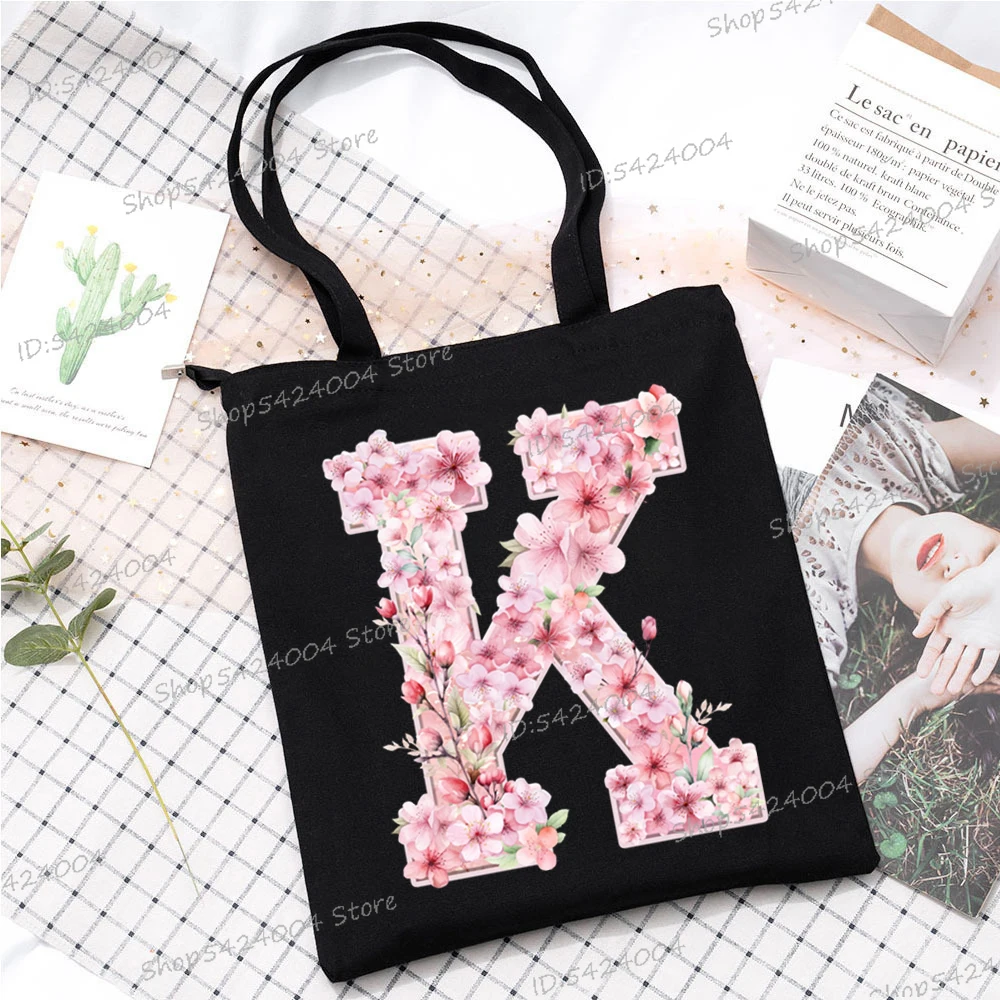 Pink Sakura Alphabet A-Z Pattern Women Tote Bags Sakura Lover Gift Premium Storage Handbag Cherry Blossom Initials Flower Bags