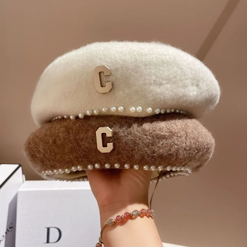 

Women's Wool Beret Hat with Pearl & C Letter Painter Cap Adjustable Winter Warm Retro Artist Hat TikTok Viral Free Shipping​​