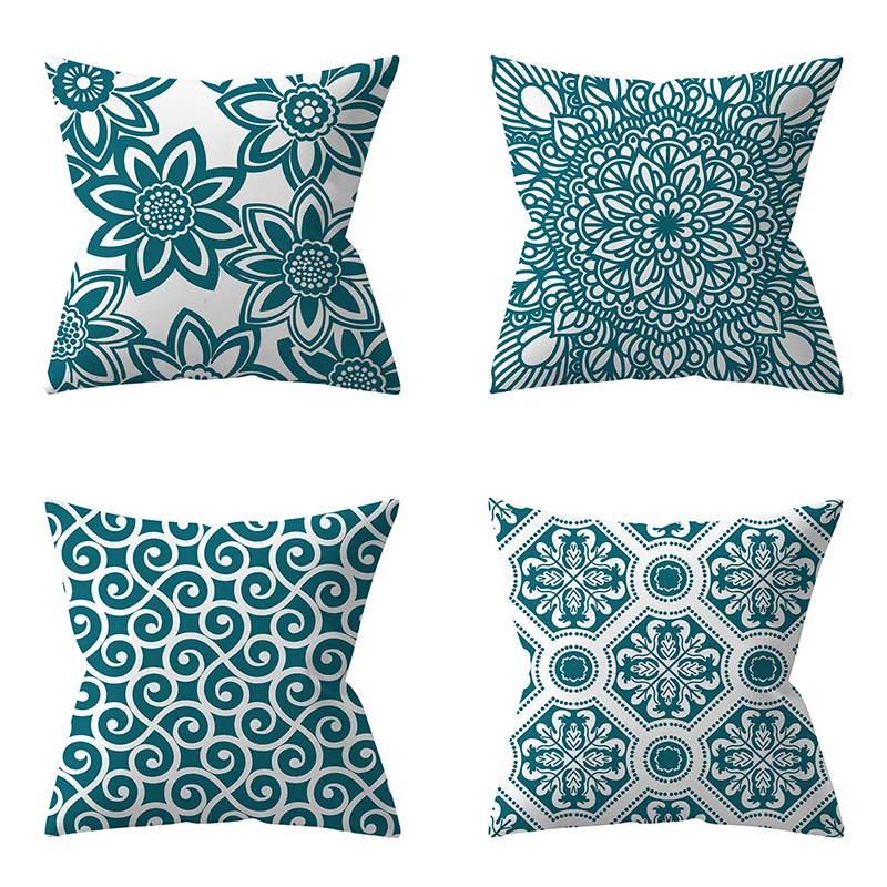 

Blue Green Geometric Flower Leaf Print Pillow Cover Living Room Sofa Office Seat Car Lumbar Cushion Home Decor