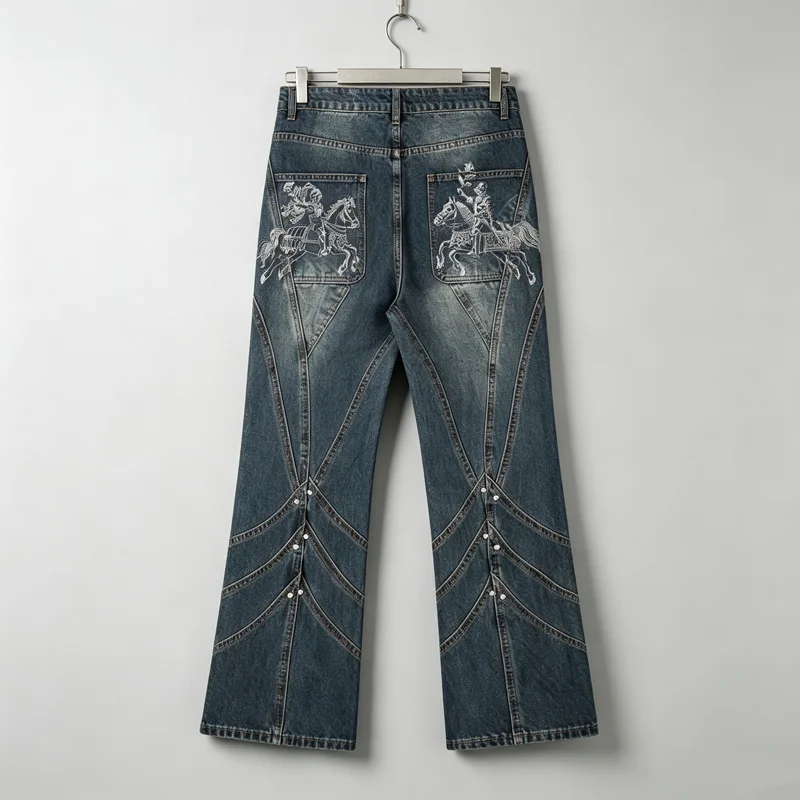 Miniature Flared Pants Vescartes Back Pockets Embroidery Knight Flying Knife Jeans Men Women High Quality Loose Cowboy Trousers
