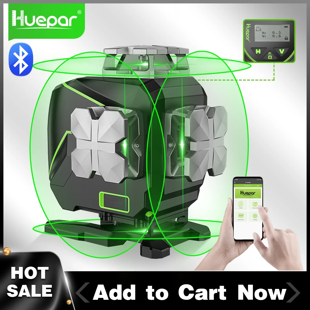 Auto-nivelamento Nível Laser 4d Cruz Linha Laser com Tela Lcd Controle Remoto Bluetooth Tiling Floor sem Suporte 16 Linhas Huepar4d