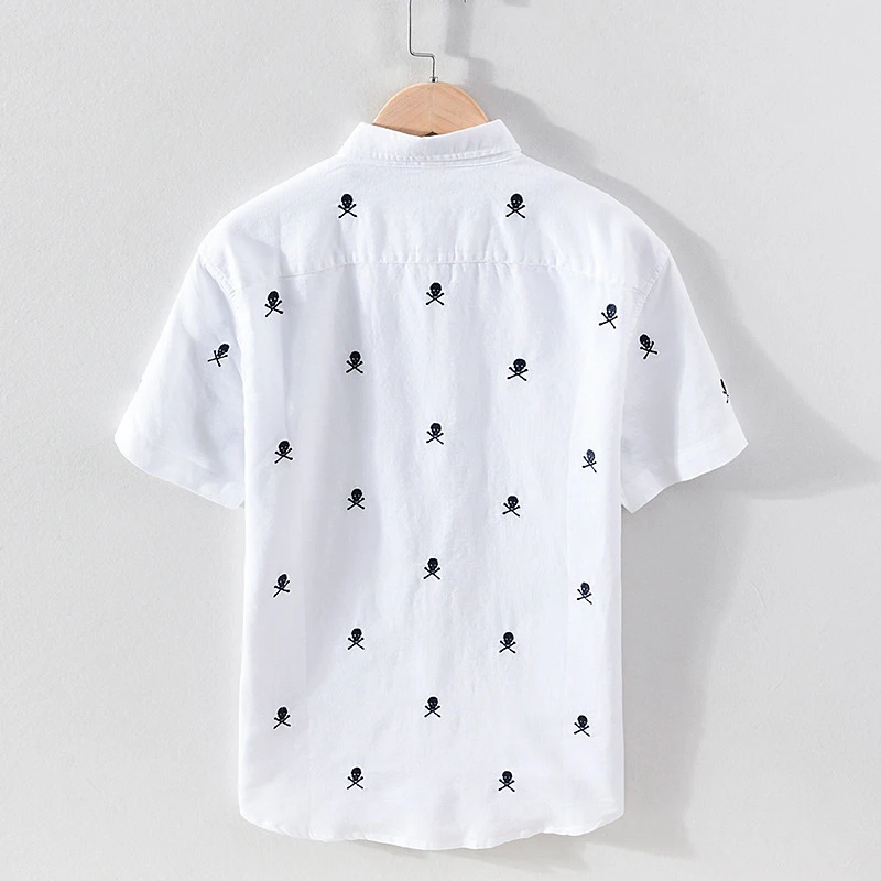 Summer New Linen Men's Short Sleeve Shirts Trend Embroidery Cotton Flax Square Collar Shirt Youth Handsome Casual Breathable Top