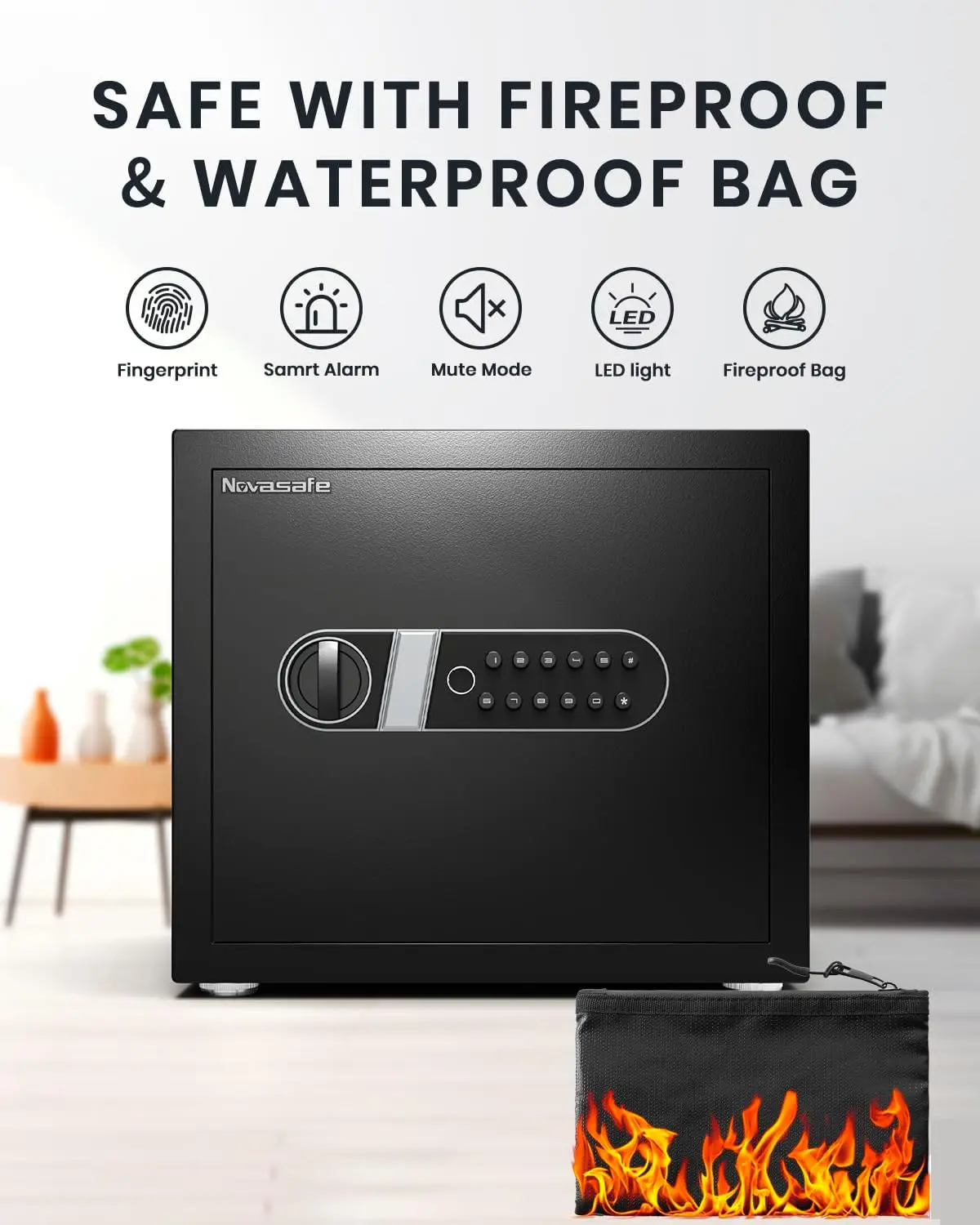 Biometric Safe, Fingerprint Home Safe Box with Fireproof Waterproof Bag & Key, 1.4 Cu ft Security Money Safe for Cash, Jewelry,